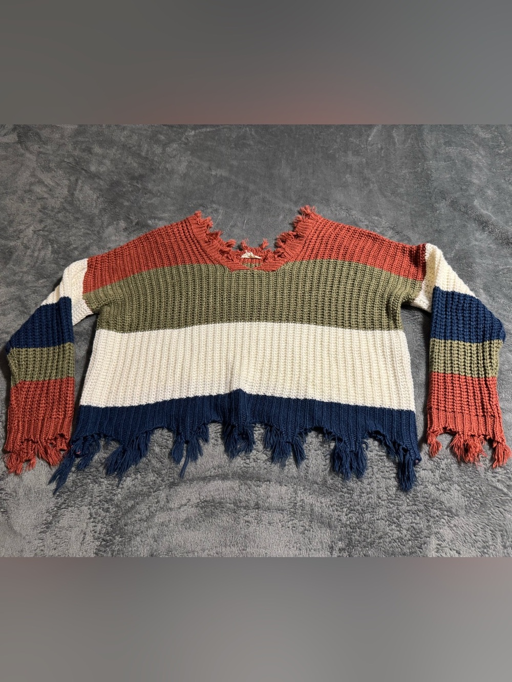 eesome Striped V-Neck Sweater in Rust, Olive, Cream & Navy